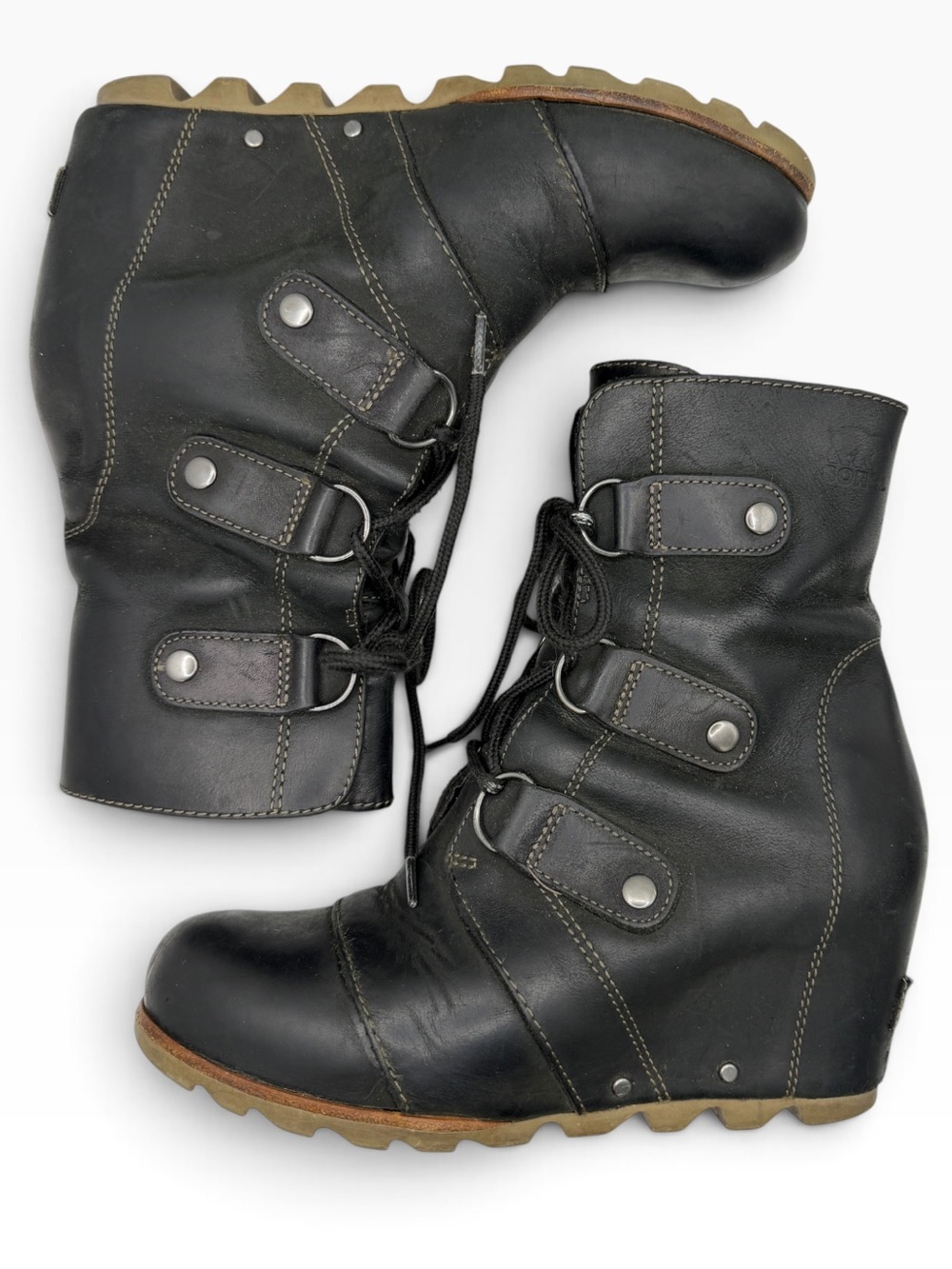 Sorel Black Leather Lace-Up Concealed Wedge Ankle Boots - Size 6.5